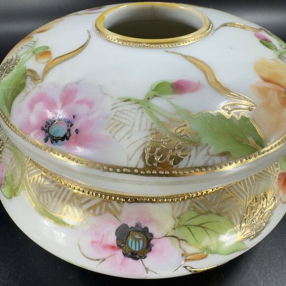 Antique Nippon Hand Painted Dresser Jar Container Hair Holder Textured Canister - Picture 11 of 16